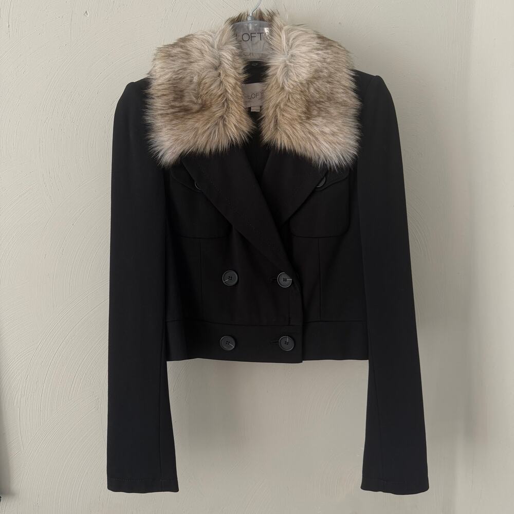 Loft Cropped Double Breasted Bomber Black Jacket XXS Removable Faux Fur Collar